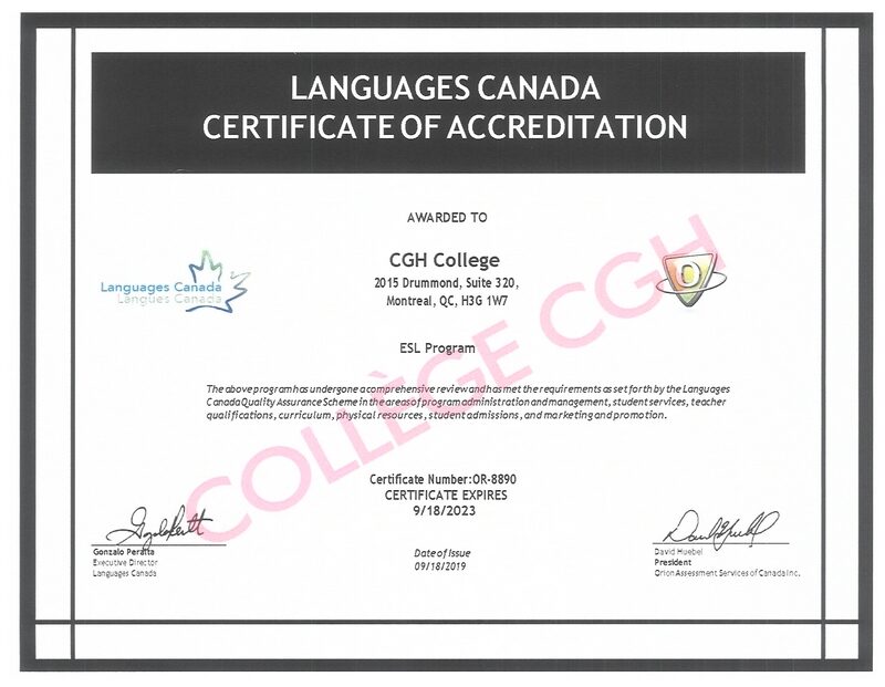 Accredited English Training Certificate by Languages Canada for CGH College.